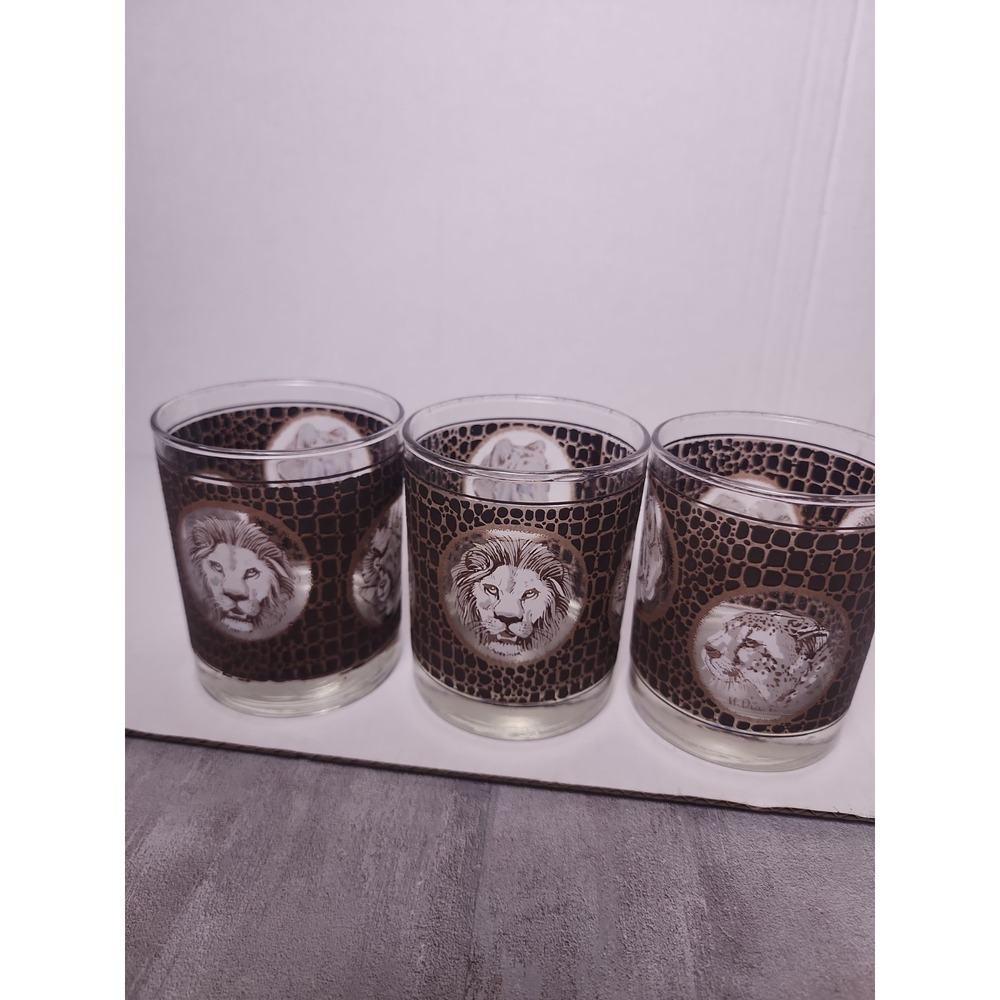 Libbey African Safari Animals Textured Rocks Glasses Signed: M Dia 3.5" Set of 3